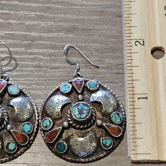 Vintage Tibetan Silver Round Earrings with Coral & Turquoise - Picture 5 of 6